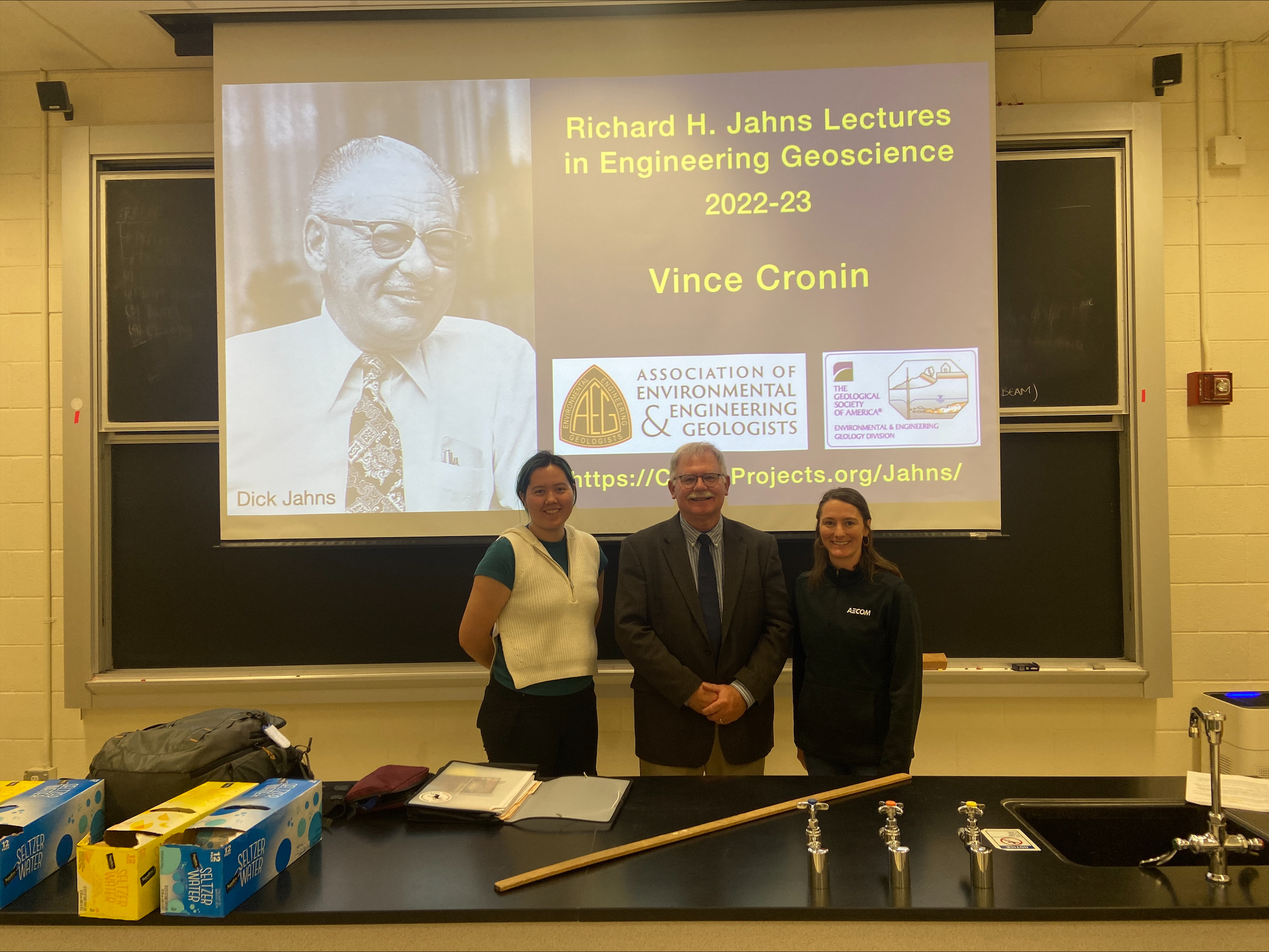 Emma (UC Berkeley Geosystems Alum), Dr. Vince Cronin (Jahn’s Lecturer), and Kate (Chair of San Francisco Bay Area Chapter of Association of Environmental & Engineering Geologists) 